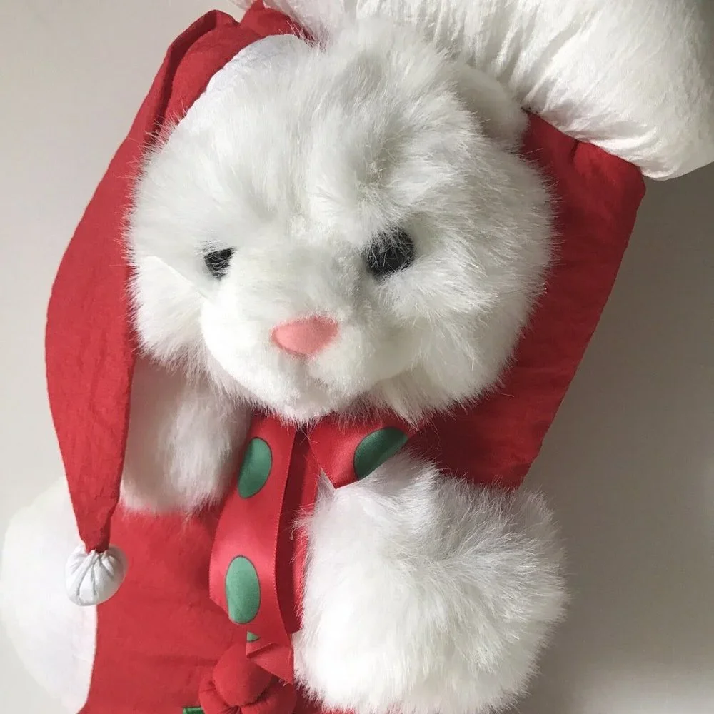 Plush red stocking‎ white cat Christmas kitty Santa hat 17”